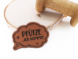 Kunstleder-Label, Lederlabel, Kunstleder-Patch, Lederpatch, 5x4cm, cognac, braun, Sonderform, Eigenproduktion, Denkblase, Pfütze ich komme