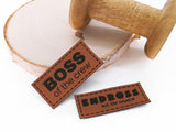 Kunstleder-Label, Lederlabel, Kunstleder-Patch, Lederpatch, 2x5cm, cognac, Boss of the crew, Endboss but the cutest
