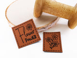 Kunstleder-Label, Lederlabel, Kunstleder-Patch, Lederpatch, 4x4cm, cognac, braun, Blumen, Flower Power
