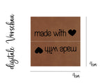 Kunstlederlabel, Kunstleder Label, Knickmich, Knicklabel, PU, braun, 4x4cm, cognac, weich, für Seitennaht, Nahtlabel, Handmade, made with love, herz