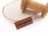 Set Kunstlederlabel, Lederlabel, PU, Kunstleder-Label, braun, Label, weich, flexibel, coole Schriftzüge, unstoppable