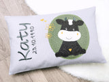 Namenskissen, Taufkissen, Kinderkissen, Kissen mit Namensbestickung, Geschenk zur Geburt und Taufe, Taufgeschenk, Kuh
