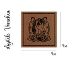 Kunstleder-Label, Lederlabel, Kunstleder-Patch, Lederpatch, 4x4cm, cognac, braun, Pferd, Pony, Blumen, reiten