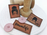 Kunstleder-Label, Lederlabel, Kunstleder-Patch, Lederpatch, cognac, braun, momlife, Mutter, Frauenkopf, Frauensilhouette, Dutt