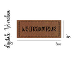 Kunstleder-Label, Lederlabel, Kunstleder-Patch, Lederpatch, cognac, braun, Sonderform, Weltraum, Weltall, Astronaut, Rakete