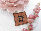 Kunstleder-Label, Lederlabel, Kunstleder-Patch, Lederpatch, 4x4cm, cognac, braun, live love laugh