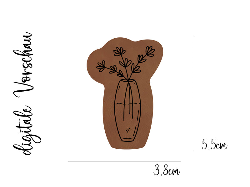 Kunstleder-Label, Lederlabel, Kunstleder-Patch, Lederpatch, 4x3cm, cognac, Blumenvase, Blumen