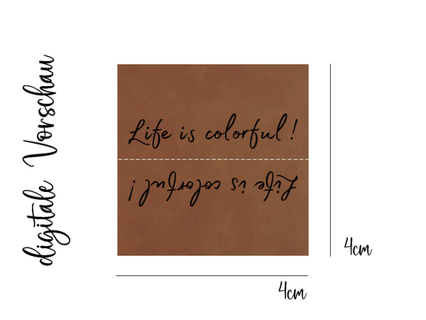 Kunstlederlabel, Kunstleder Label, Knickmich, Knicklabel, PU, braun, 4x4cm, cognac, weich, für Seitennaht, Nahtlabel, Life is colorful