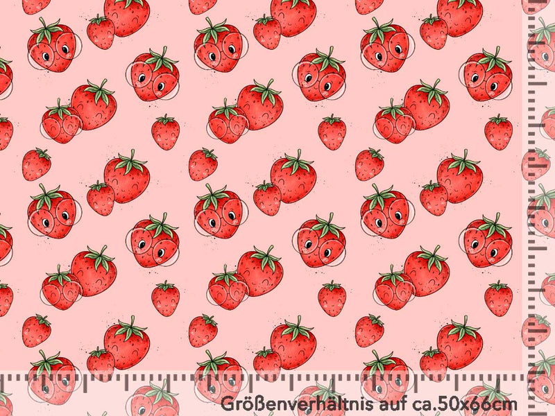 Vorbestellung, Eigenproduktion, Stoff drucken, Stoff für Kinder, Kinderstoff, Jersey, French Terry, Waffelstrick, Rippjersey, Früchte, happy fruits, Erdbeere, Strawberry