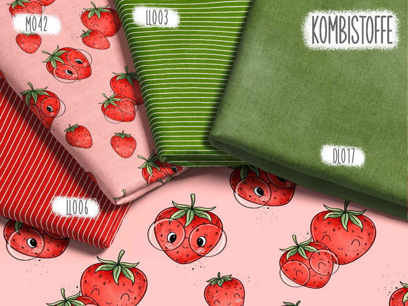 Vorbestellung, Eigenproduktion, Stoff drucken, Stoff für Kinder, Kinderstoff, Jersey, French Terry, Waffelstrick, Rippjersey, Früchte, happy fruits, Erdbeere, Strawberry