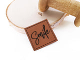 Kunstleder-Label, Lederlabel, Kunstleder-Patch, Lederpatch, 4x4cm, cognac, braun, smile