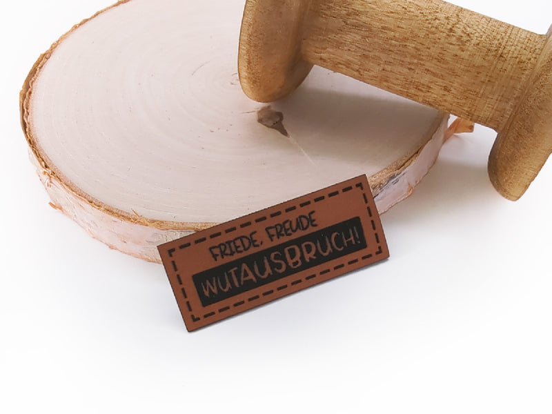 Kunstleder-Label, Lederlabel, Kunstleder-Patch, Lederpatch, 2x5cm, cognac, braun, friede, Freude, Wutausbruch