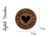 Kunstleder-Label, Lederlabel, Kunstleder-Patch, Lederpatch, 4,5x4,5cm, cognac, braun, rund, Herz, made with love