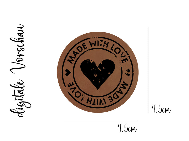 Kunstleder-Label, Lederlabel, Kunstleder-Patch, Lederpatch, 4,5x4,5cm, cognac, braun, rund, Herz, made with love