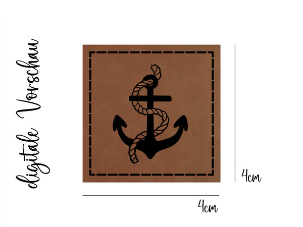 Kunstleder-Label, Lederlabel, Kunstleder-Patch, Lederpatch, 4x4cm, Maritim, Anker, Ankerkette, Meer