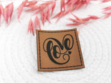 Kunstleder-Label, Lederlabel, Kunstleder-Patch, Lederpatch, 4x4cm, cognac, braun, Love, Herzen