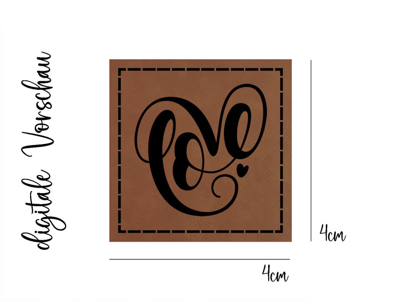 Kunstleder-Label, Lederlabel, Kunstleder-Patch, Lederpatch, 4x4cm, cognac, braun, Love, Herzen