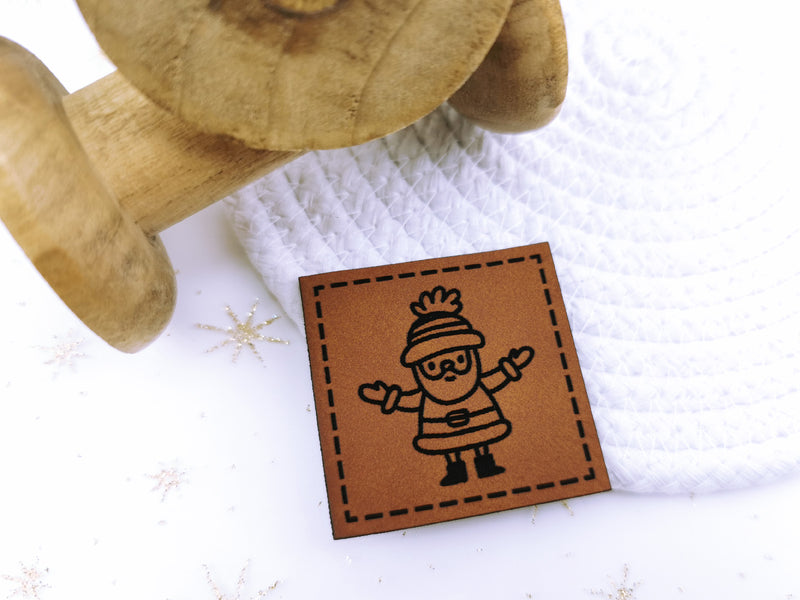 Kunstleder-Label, Lederlabel, Kunstleder-Patch, Lederpatch, 4x4cm, cognac, braun, Winter, Weihnachten, Weihnachtsmann, Nikolaus