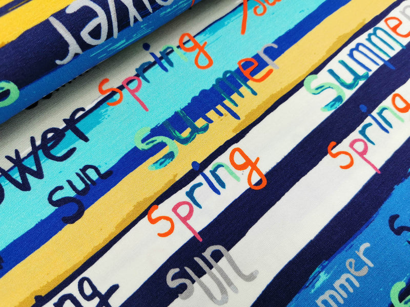 Viskose Jersey, Stripes with Letters, Schriftzüge, blau