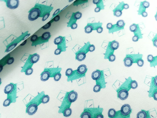 Jersey, Digitaldruck, Trecker, Traktor, watercolor, kleines Muster, grün, blau, weiß