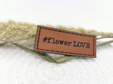 Kunstleder-Label, Lederlabel, Kunstleder-Patch, Lederpatch, 2x5cm, cognac, braun, Blumenzeit, Blumen, Flower Love